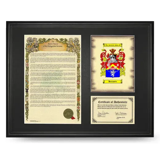 Bernarts Framed Surname History and Coat of Arms - Black