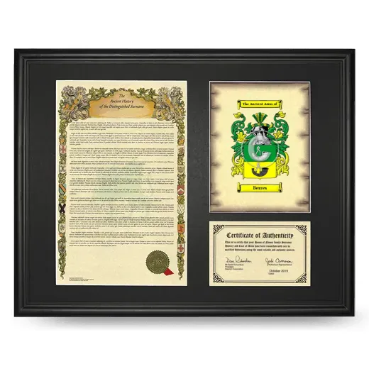 Berres Framed Surname History and Coat of Arms - Black