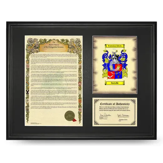 Bertelle Framed Surname History and Coat of Arms - Black