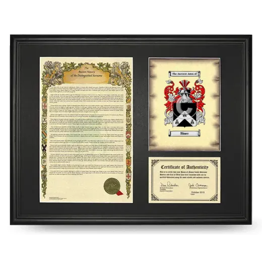 Biner Framed Surname History and Coat of Arms - Black