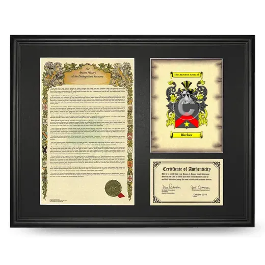 Bircher Framed Surname History and Coat of Arms - Black