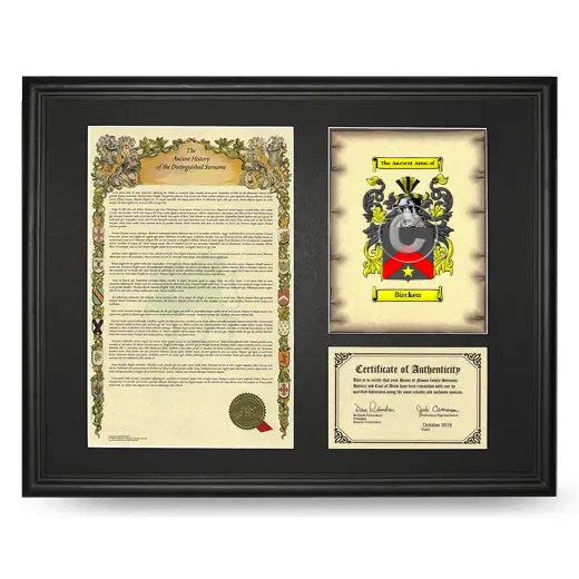 Bircken Framed Surname History and Coat of Arms - Black