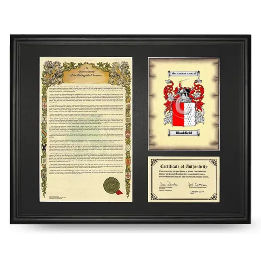 Blankfield Framed Surname History and Coat of Arms - Black