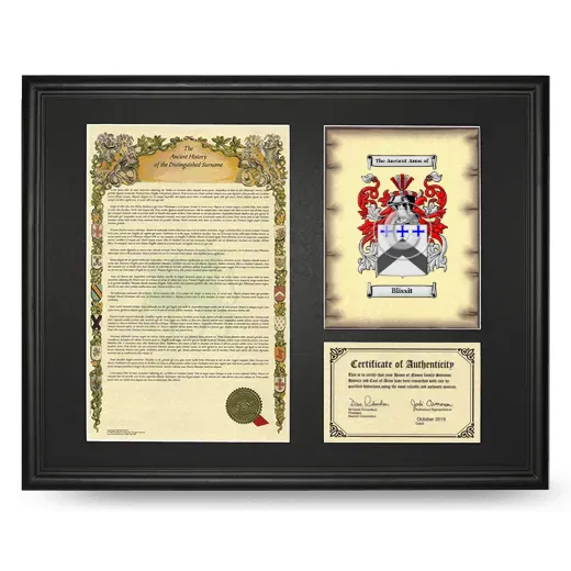 Blissit Framed Surname History and Coat of Arms - Black