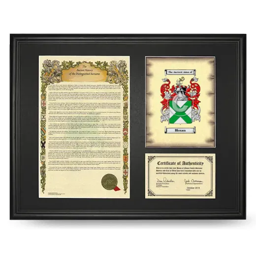 Bloxan Framed Surname History and Coat of Arms - Black