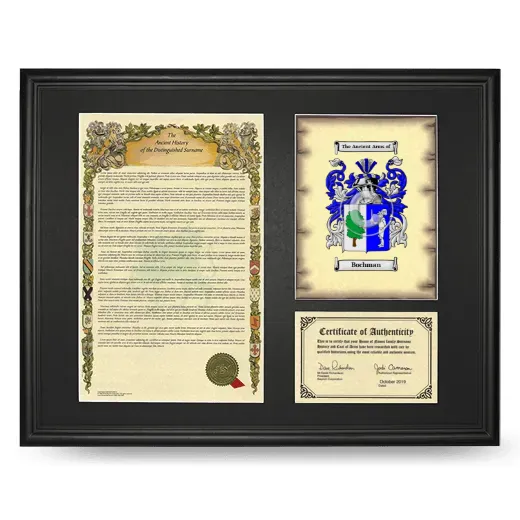 Bochman Framed Surname History and Coat of Arms - Black