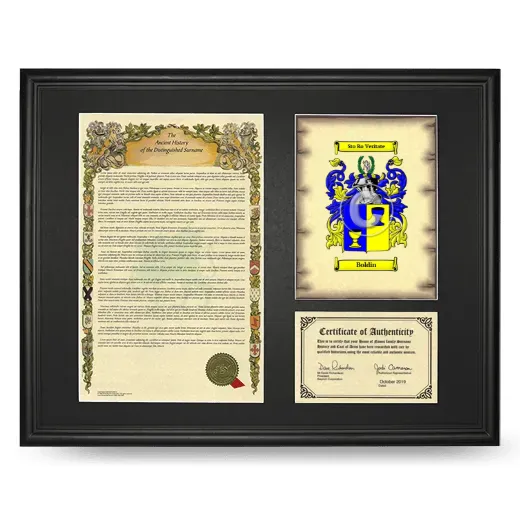 Boldin Framed Surname History and Coat of Arms - Black