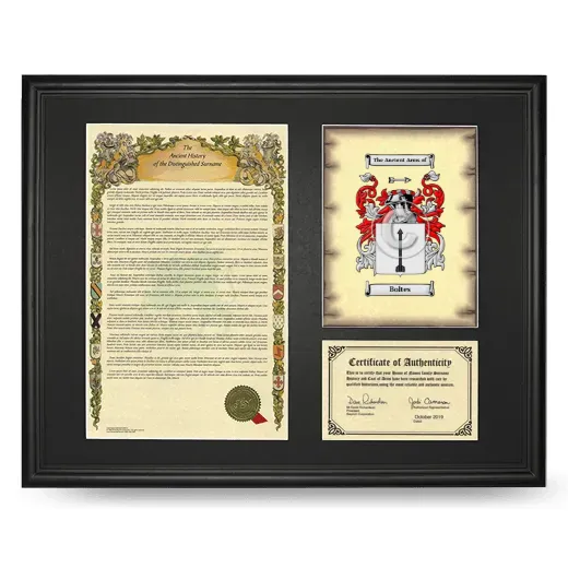 Boltes Framed Surname History and Coat of Arms - Black