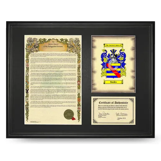 Bordes Framed Surname History and Coat of Arms - Black