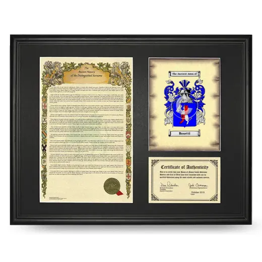 Bosetti Framed Surname History and Coat of Arms - Black