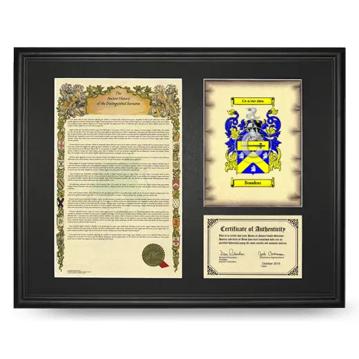 Boudon Framed Surname History and Coat of Arms - Black