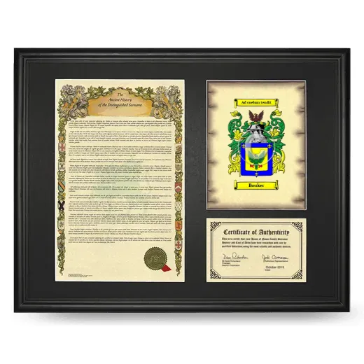 Bouker Framed Surname History and Coat of Arms - Black