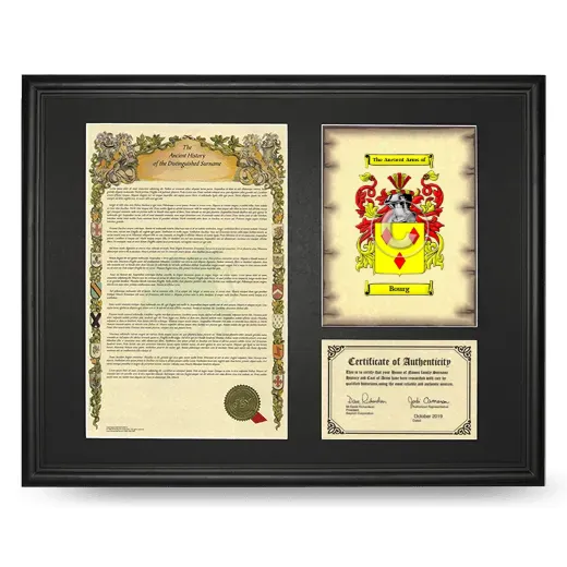 Bourg Framed Surname History and Coat of Arms - Black