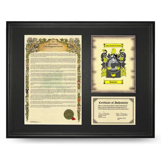 Boutain Framed Surname History and Coat of Arms - Black