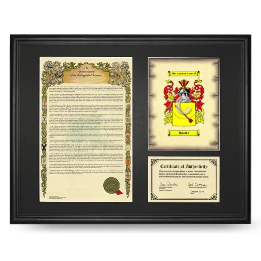 Bouttz Framed Surname History and Coat of Arms - Black