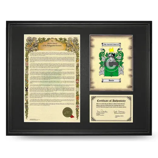 Bovie Framed Surname History and Coat of Arms - Black