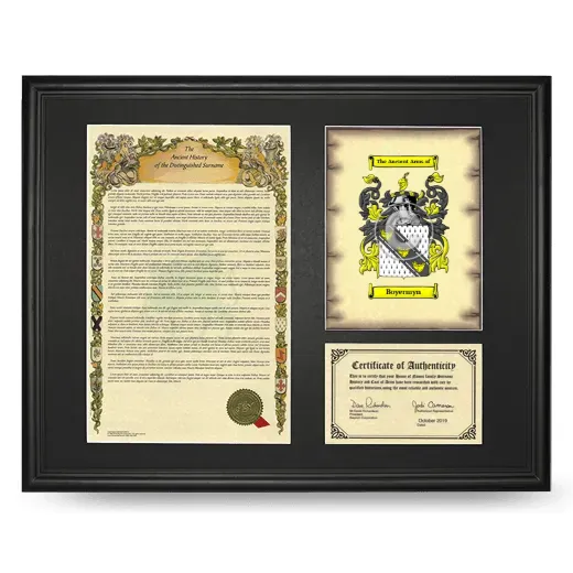 Boyermyn Framed Surname History and Coat of Arms - Black