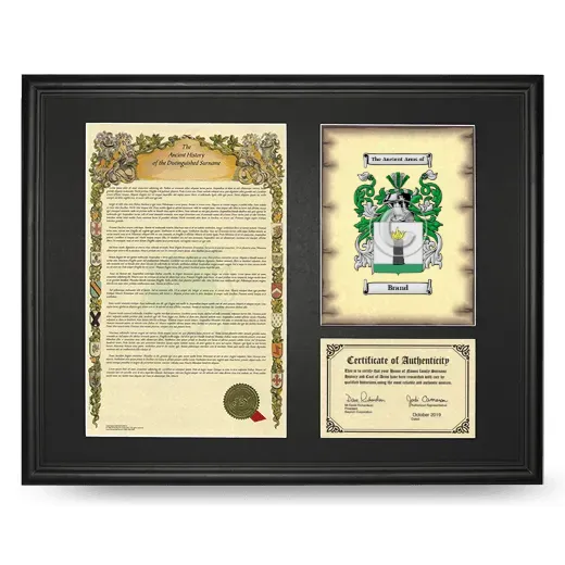 Brand Framed Surname History and Coat of Arms - Black