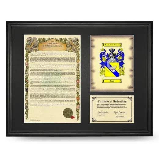Brief Framed Surname History and Coat of Arms - Black