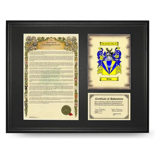 Brion Framed Surname History and Coat of Arms - Black