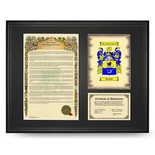 Brosche Framed Surname History and Coat of Arms - Black