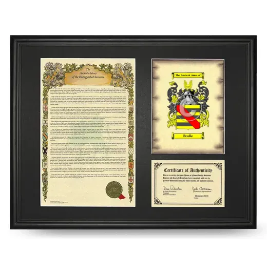 Brulle Framed Surname History and Coat of Arms - Black