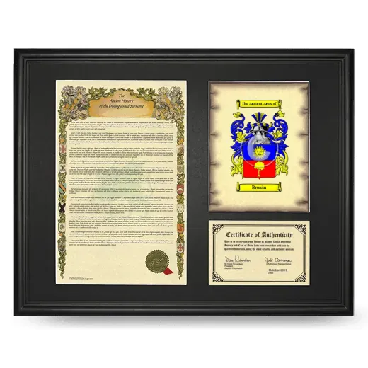 Brusin Framed Surname History and Coat of Arms - Black
