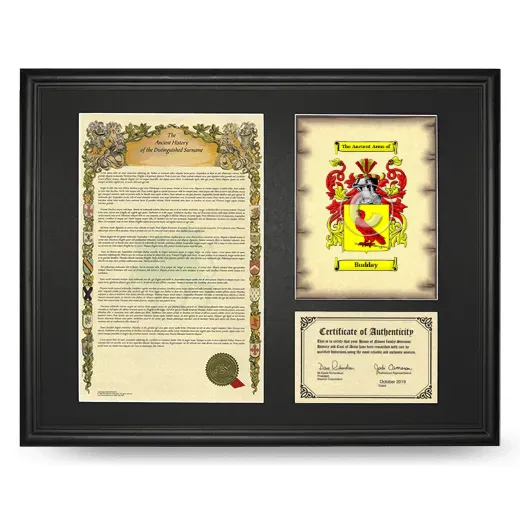 Budday Framed Surname History and Coat of Arms - Black