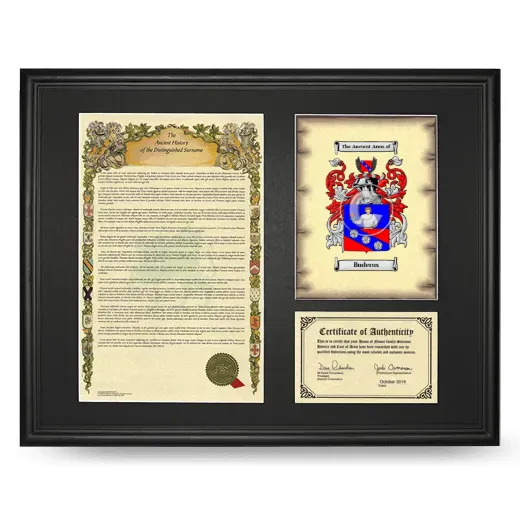 Buderus Framed Surname History and Coat of Arms - Black