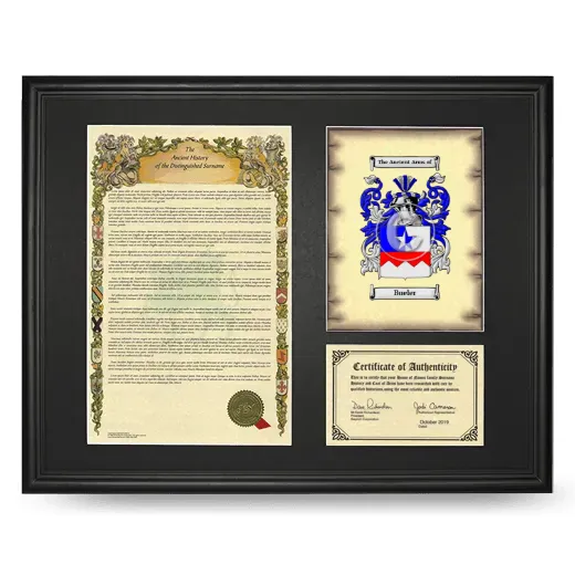 Bueler Framed Surname History and Coat of Arms - Black