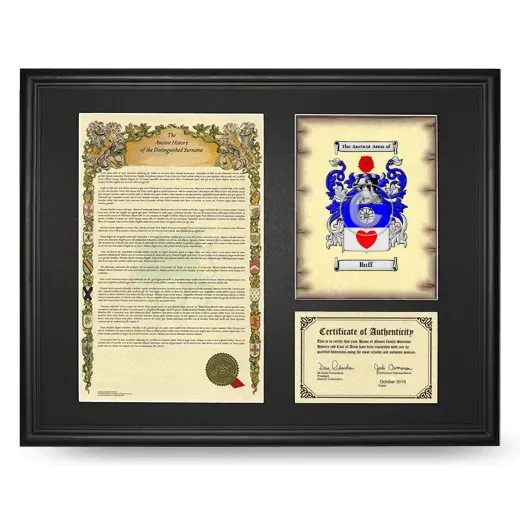 Buff Framed Surname History and Coat of Arms - Black