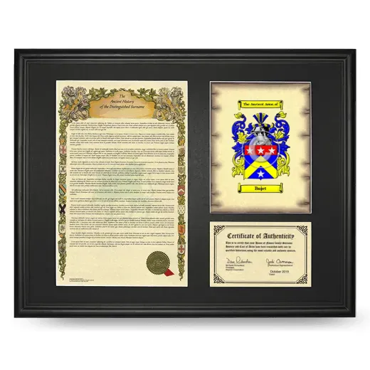 Bujet Framed Surname History and Coat of Arms - Black
