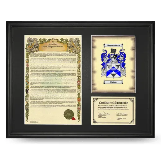 Bulam Framed Surname History and Coat of Arms - Black