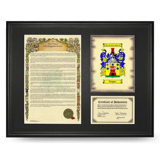 Burgerr Framed Surname History and Coat of Arms - Black