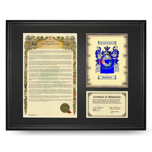 Burmester Framed Surname History and Coat of Arms - Black