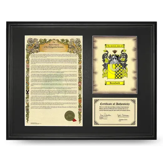 Burscheck Framed Surname History and Coat of Arms - Black