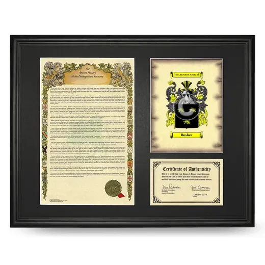 Busher Framed Surname History and Coat of Arms - Black