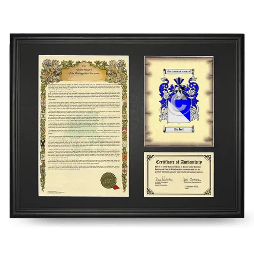 By bel Framed Surname History and Coat of Arms - Black