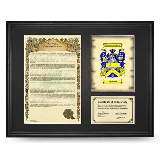 Byckood Framed Surname History and Coat of Arms - Black