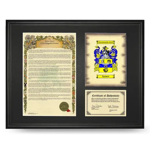 Byrnass Framed Surname History and Coat of Arms - Black