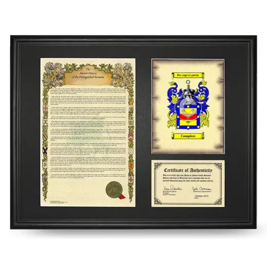 Campion Framed Surname History and Coat of Arms - Black
