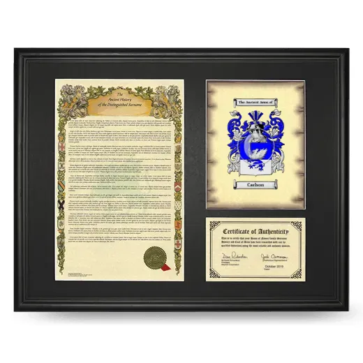 Carlson Framed Surname History and Coat of Arms - Black