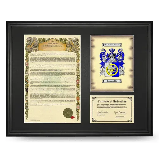 Carraretto Framed Surname History and Coat of Arms - Black