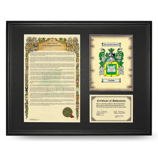 Casino Framed Surname History and Coat of Arms - Black