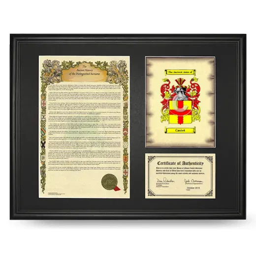 Castet Framed Surname History and Coat of Arms - Black