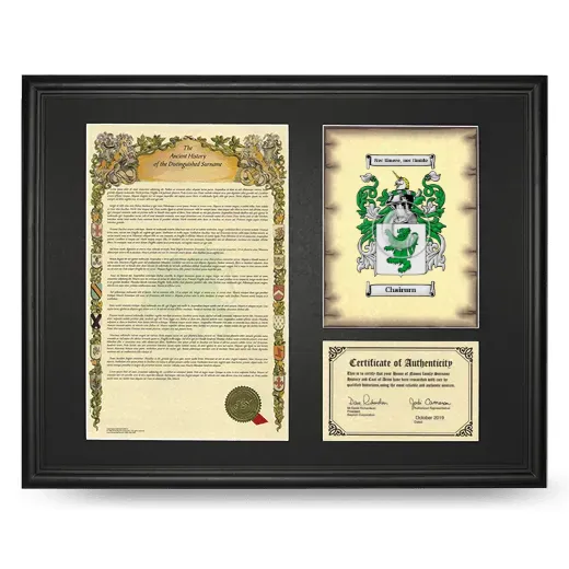 Chairurn Framed Surname History and Coat of Arms - Black