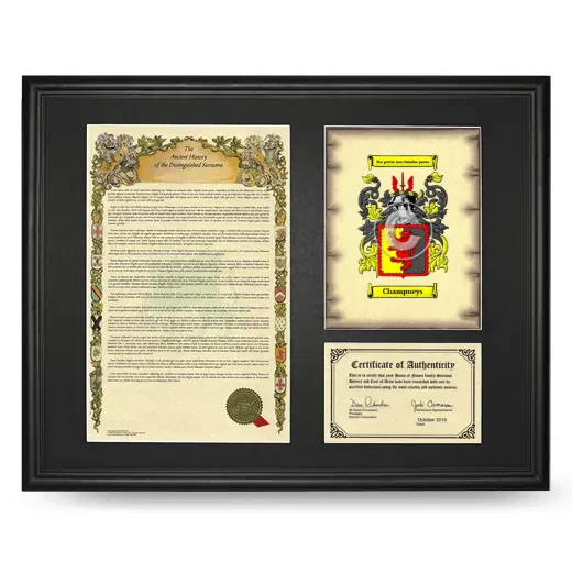 Champneys Framed Surname History and Coat of Arms - Black