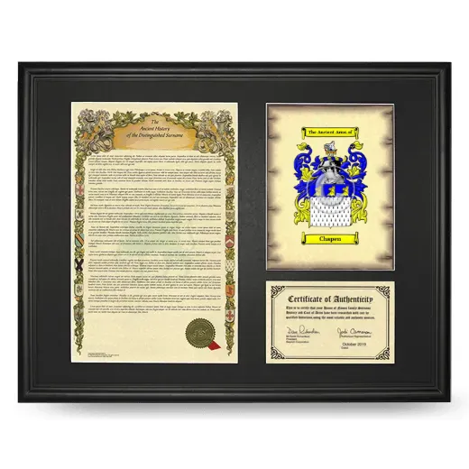 Chapen Framed Surname History and Coat of Arms - Black