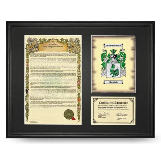 Chaudoin Framed Surname History and Coat of Arms - Black