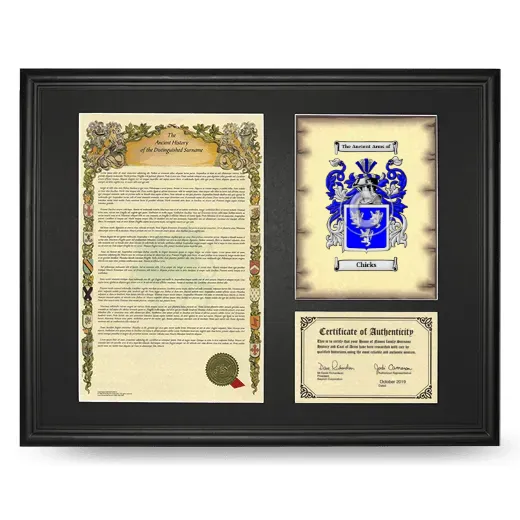 Chicks Framed Surname History and Coat of Arms - Black